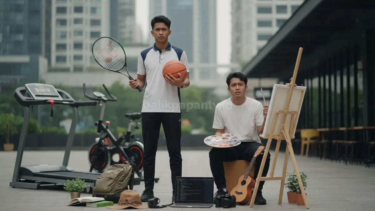 Seseorang terlihat mencoba berbagai hobi berbeda dalam waktu singkat, dari olahraga hingga aktivitas kreatif, namun tampak ragu dan cepat berpindah. Ilustrasi ini menggambarkan kesalahan umum saat memilih hobi karena ikut tren tanpa memahami karakter diri, sehingga sulit bertahan dan berkembang.