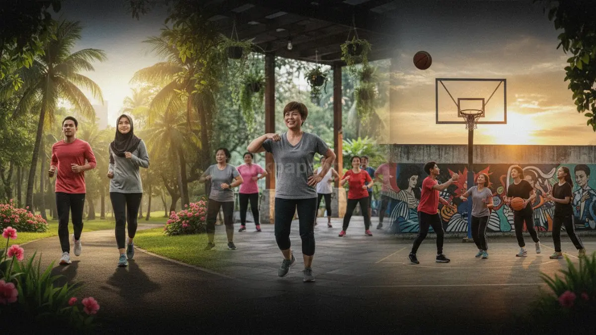 Aktivitas olahraga sesuai waktu sehari-hari, mulai dari jogging pagi di taman, senam siang di ruang teduh, hingga basket sore bersama bubuhan ikam, bikin tubuh lebih enerjik dan pikiran segar.