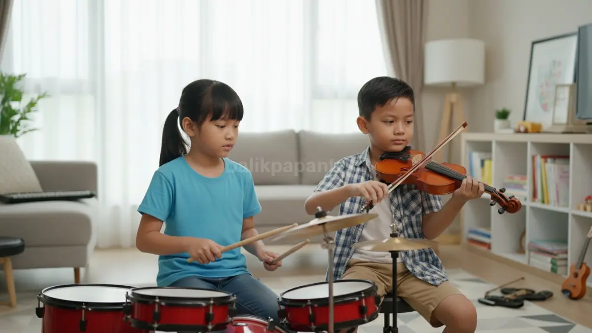 Anak bermain alat musik dengan penuh fokus, menggambarkan latihan konsentrasi, ritme, dan kesabaran sekaligus membantu perkembangan otak kiri dan kanan secara seimbang.