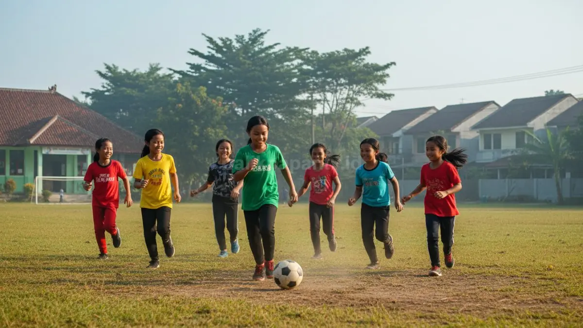 Anak berolahraga bersama di lapangan dengan penuh semangat, menggambarkan peningkatan fisik dan mental sekaligus melatih kerja sama, sportivitas, dan pengelolaan emosi.