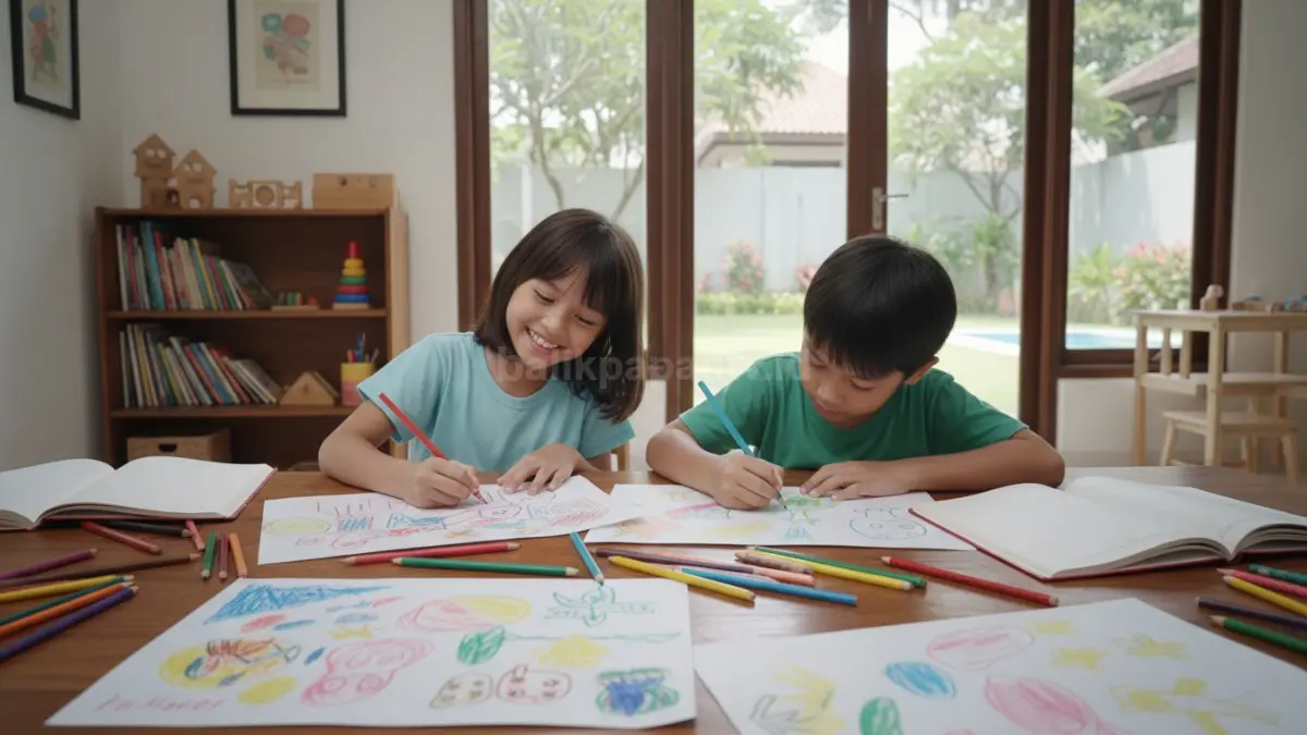 Anak menggambar dengan penuh ekspresi menggunakan pensil warna, menunjukkan bagaimana seni visual melatih kreativitas, imajinasi, serta koordinasi tangan dan mata secara alami.