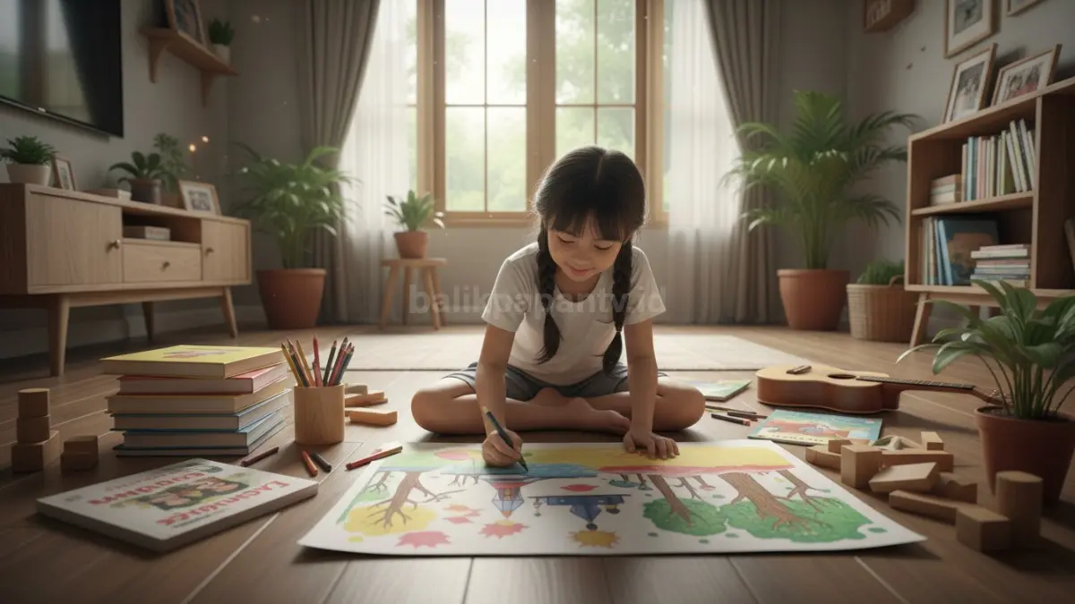 Anak menggambar penuh fokus, ilustrasi hobi kreatif yang melatih imajinasi sejak dini