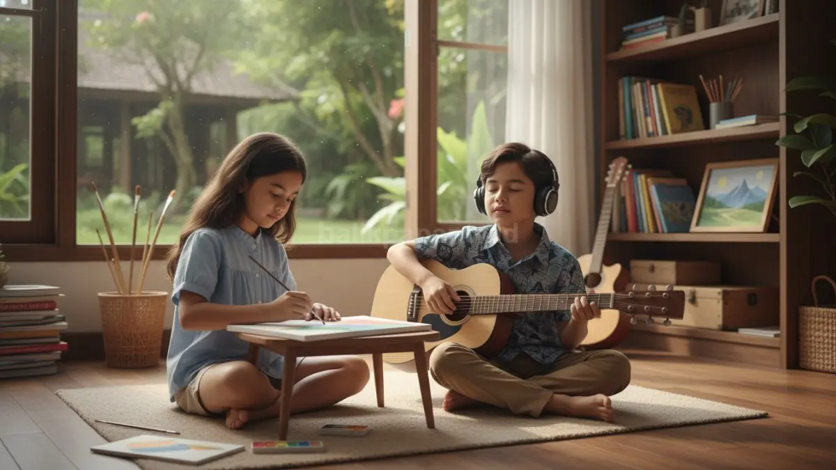 Anak sedang fokus melakukan hobi favorit seperti menggambar atau bermain musik, menggambarkan proses belajar alami tanpa tekanan yang membantu meningkatkan fokus, daya ingat, dan perkembangan kemampuan sejak dini.