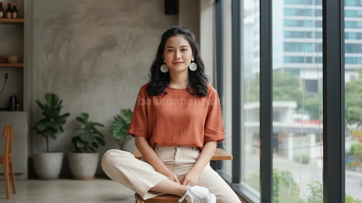 Anting bulat minimalis modern dipakai wanita dengan outfit kasual kekinian
