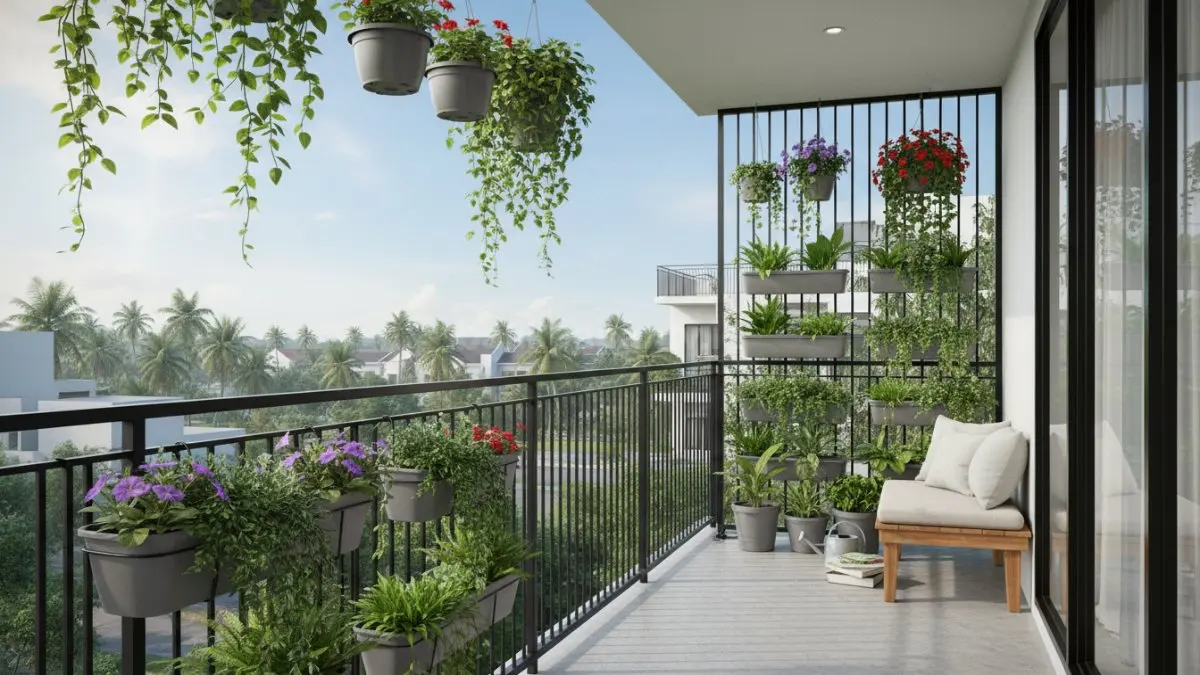 Balkon besi dilengkapi rak tanam vertikal dan pot gantung, menghadirkan mini-garden. Area ini bikin suasana adem sekaligus fungsional untuk hunian lantai atas.