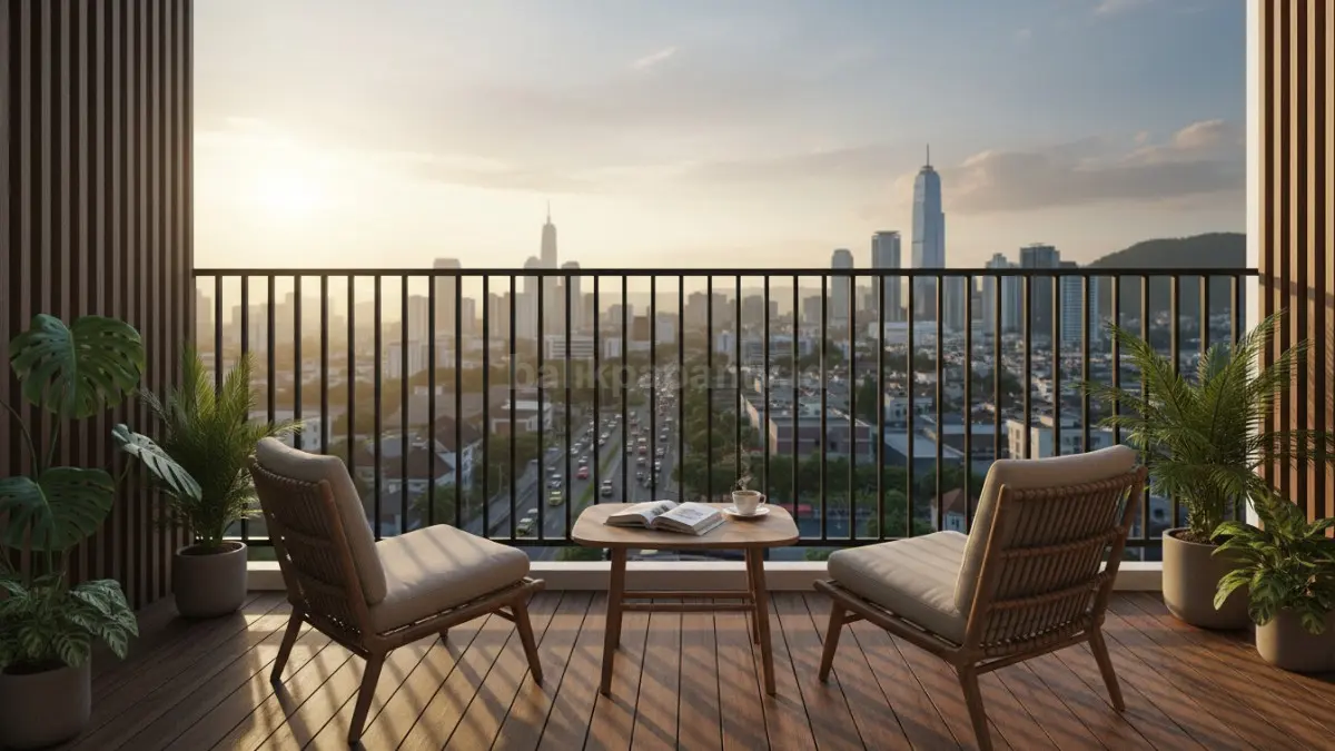 Balkon besi hollow hitam berpadu dengan lantai kayu solid, menghadirkan nuansa industrial tropis. Kuat, estetik, dan nyaman buat nongkrong sore sambil menikmati pemandangan urban.
