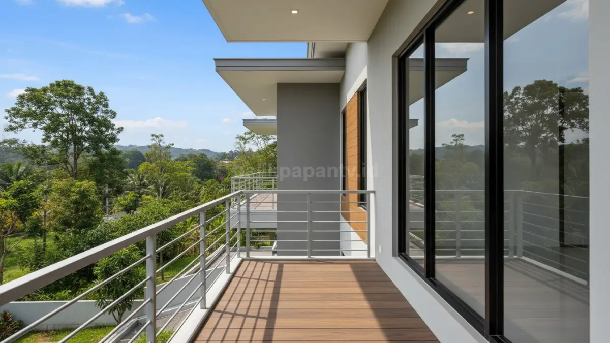 Balkon besi minimalis dengan railing tipis garis lurus, menciptakan kesan elegan dan ringan. Lantai kayu atau decking komposit menambahkan nuansa hangat yang harmonis dengan fasad rumah modern berwarna netral.