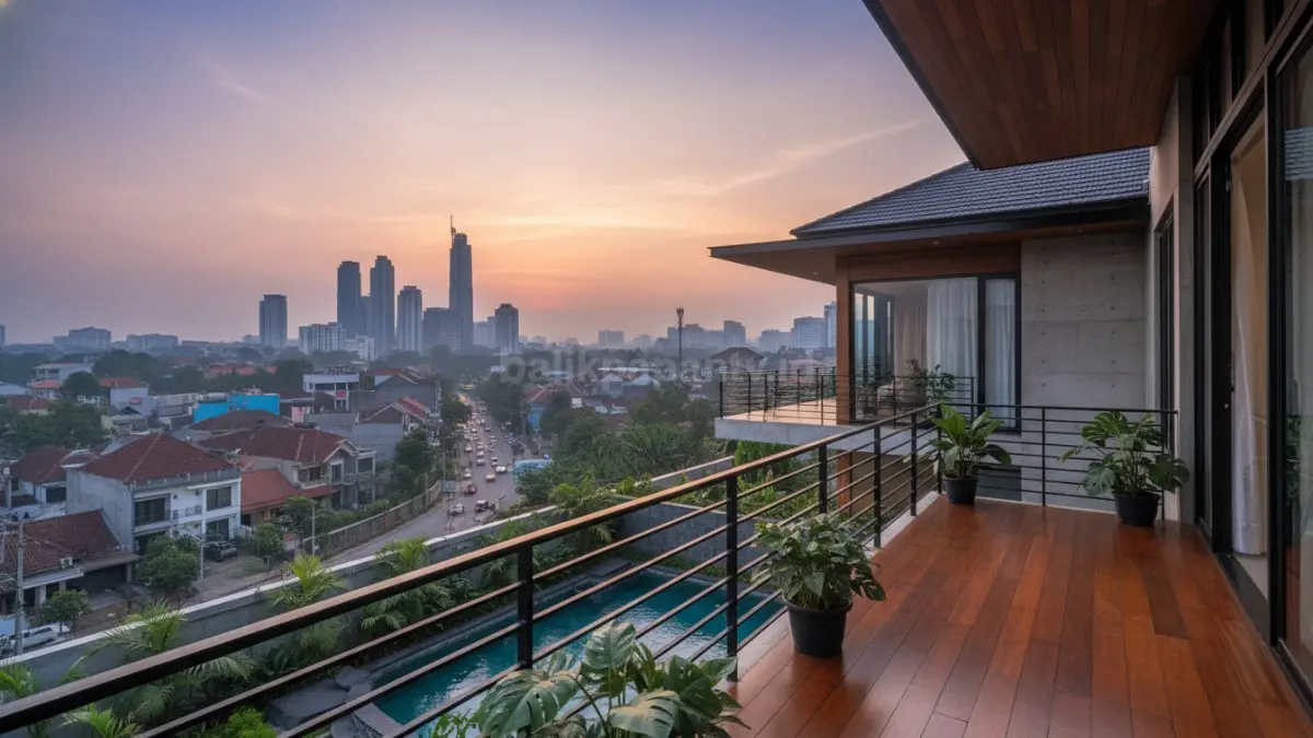 Balkon besi minimalis di rumah modern tropis dengan pemandangan kota
