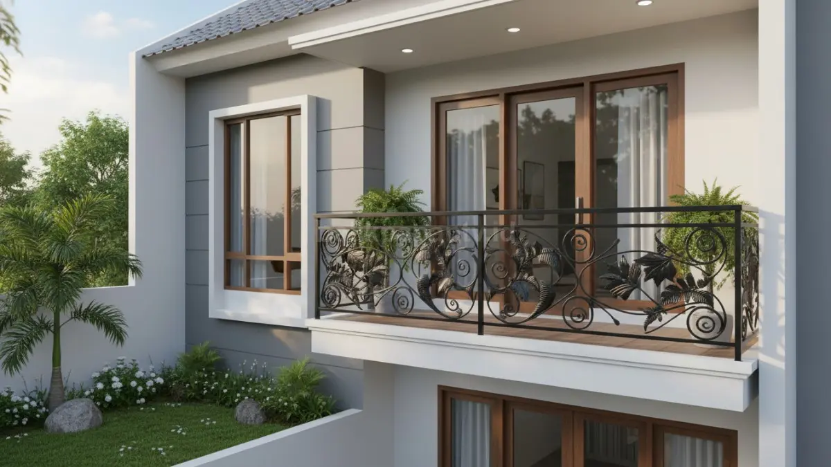 Balkon besi tempa dengan motif ornamental artistik, menambahkan sentuhan klasik atau vintage. Detail lengkung dan pola dekoratif memperkaya fasad rumah tanpa membuat area terasa padat.