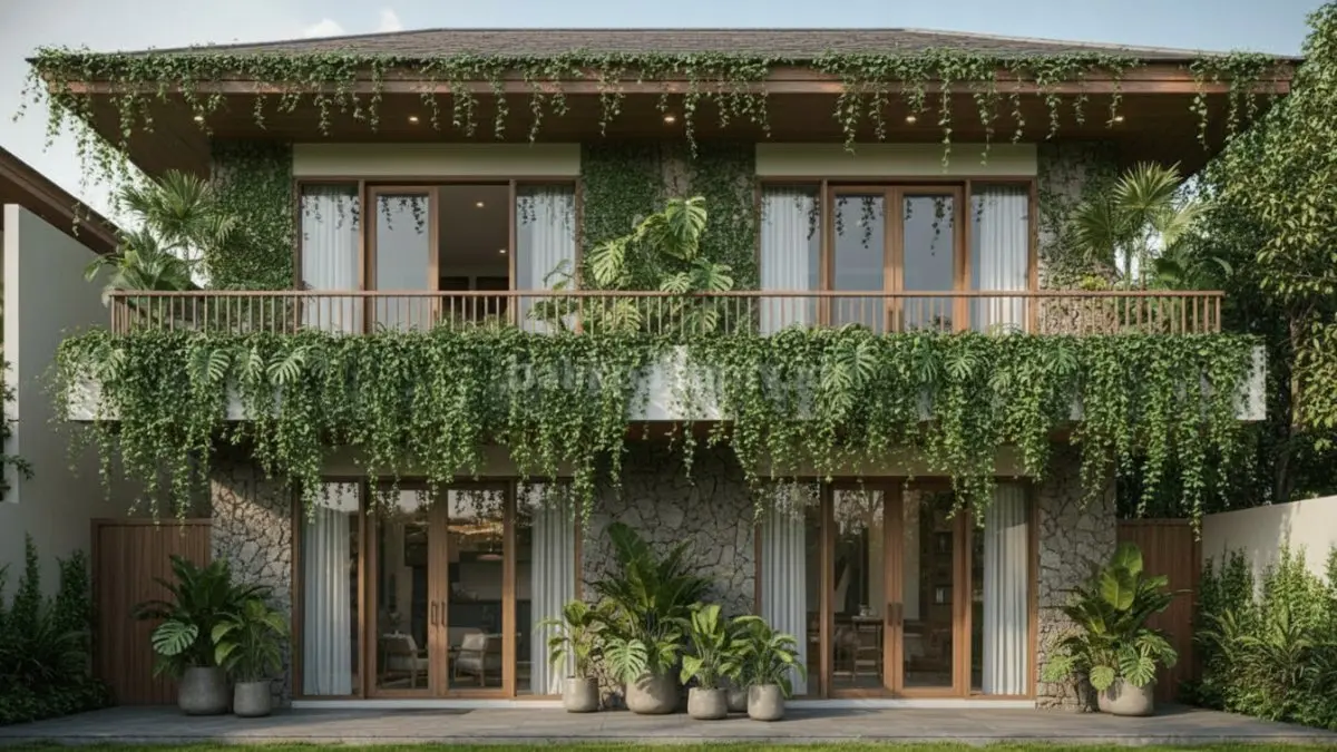 Balkon rumah bertingkat dipenuhi tanaman hijau yang menjalar ke dinding, menciptakan area teduh alami sekaligus menghadirkan suasana sejuk dan nyaman untuk bersantai di ruang luar.