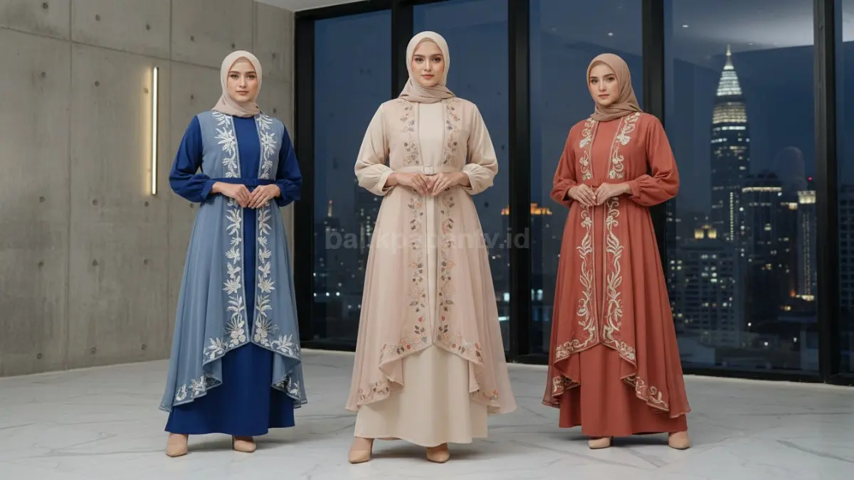 Berbagai model abaya modern dengan desain layering dan bordir
