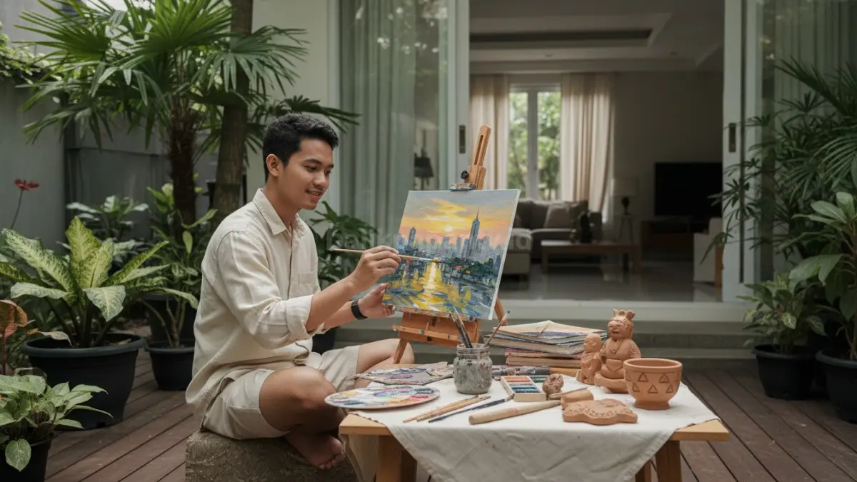 Bubuhan asyik melukis dan membuat kerajinan tangan, menunjukkan hobi kreatif yang melatih imajinasi dan kesabaran sambil bersantai.