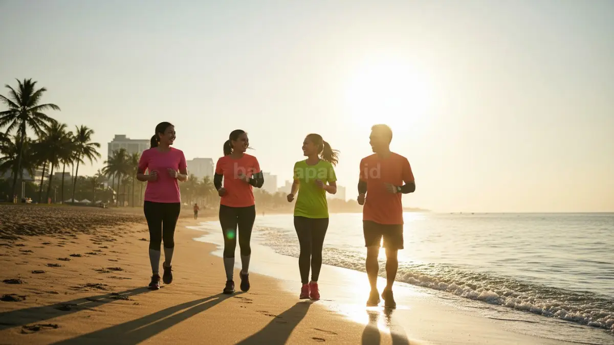Bubuhan ikam jogging santai di tepi pantai Balikpapan dengan matahari pagi, suasana ceria dan energik.