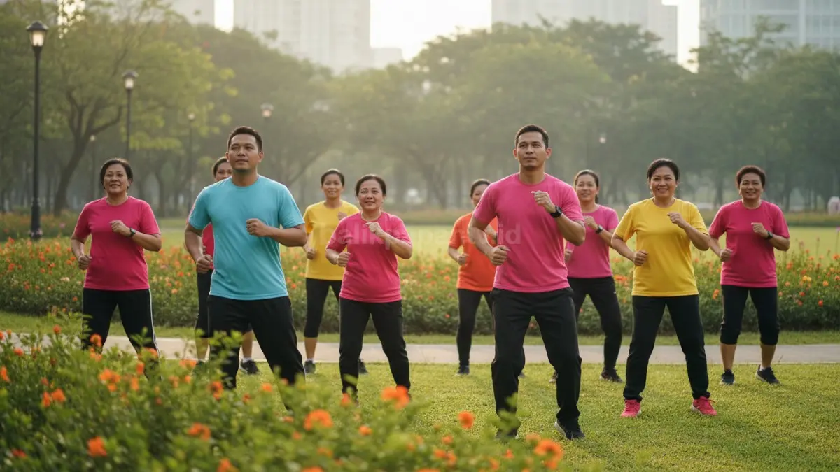 Bubuhan ikam mengikuti senam musik atau Zumba ringan di taman kota, gerakan seru sesuai ritme musik, bikin badan aktif dan tetap semangat konsisten berolahraga.