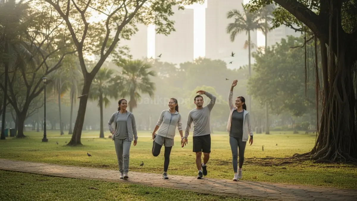 Bubuhan ikam sedang jalan santai di taman sambil melakukan stretching ringan, menikmati udara segar pagi atau sore, bikin badan rileks dan pikiran lebih fokus.