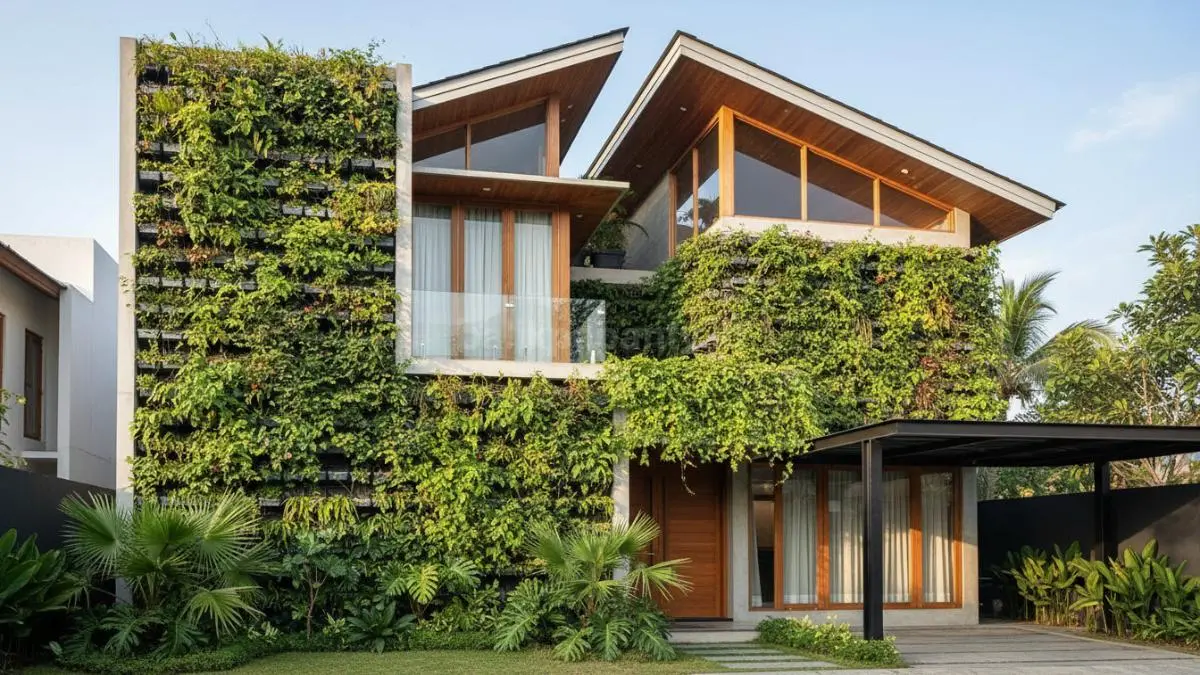 Dinding rumah dengan sistem green wall modular modern berbentuk panel tanaman yang tersusun rapi, mudah dipasang dan diganti, menghadirkan tampilan hijau fleksibel yang cocok untuk hunian urban dengan lahan terbatas.