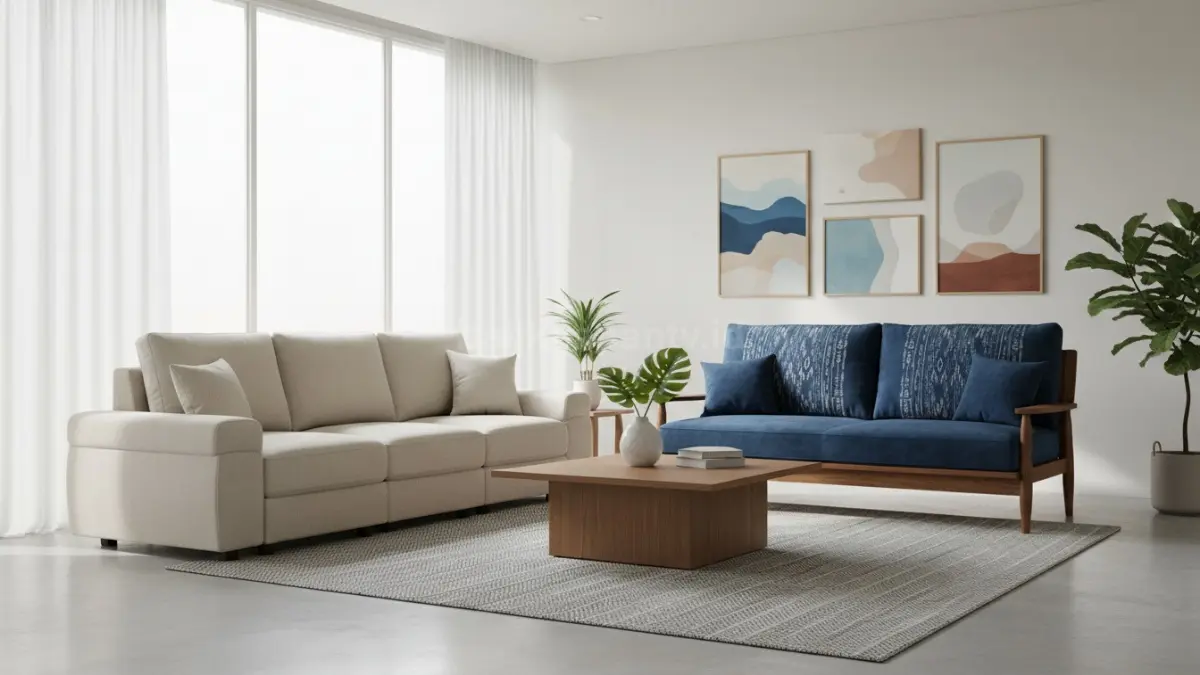 Dua sofa beda model tertata rapi di ruang tamu modern, harmonis dan stylish