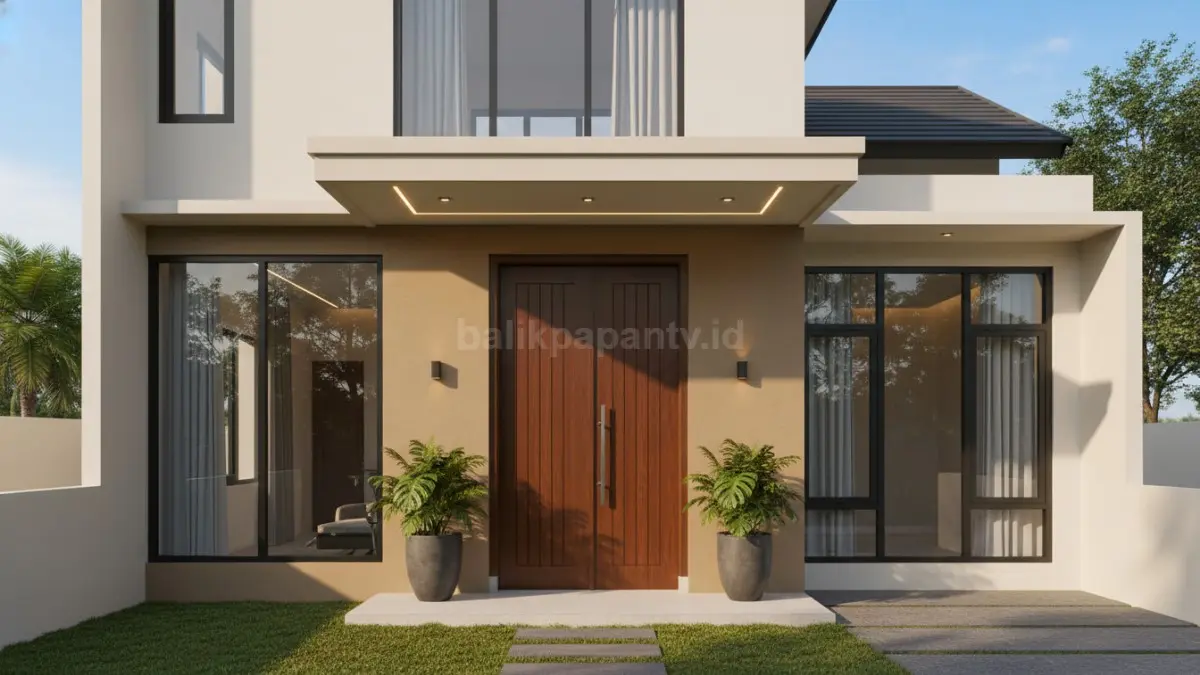 Fasad rumah modern dengan kombinasi cat sage green dan pintu kayu jati, elegan dan natural.
