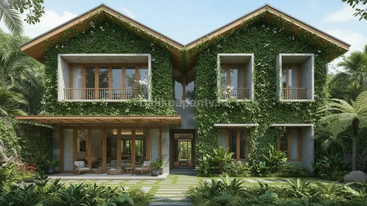 Fasad rumah tropis modern dengan tanaman rambat lebat menutupi dinding, menciptakan lapisan hijau alami yang membantu menurunkan suhu bangunan sekaligus menghadirkan tampilan sejuk dan estetik di tengah iklim panas.
