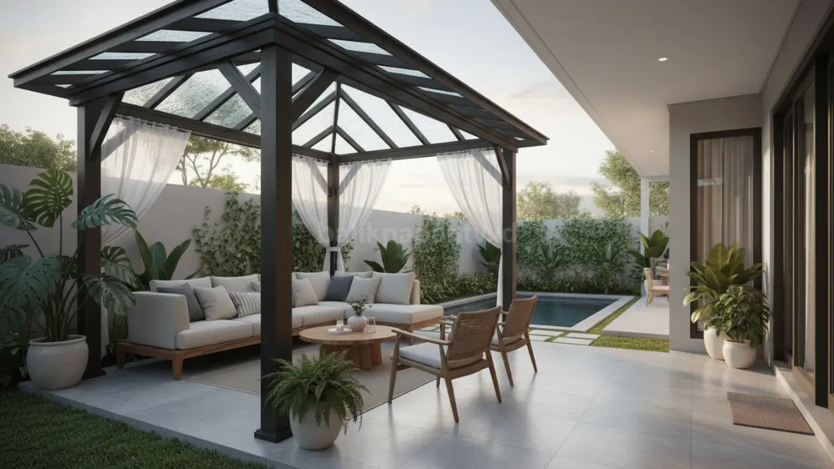 Gazebo dengan atap kaca dan sunshade, cahaya masuk optimal namun tetap sejuk berkat film isolasi panas atau tirai kain, menciptakan ruang tamu luar yang luas dan nyaman.
