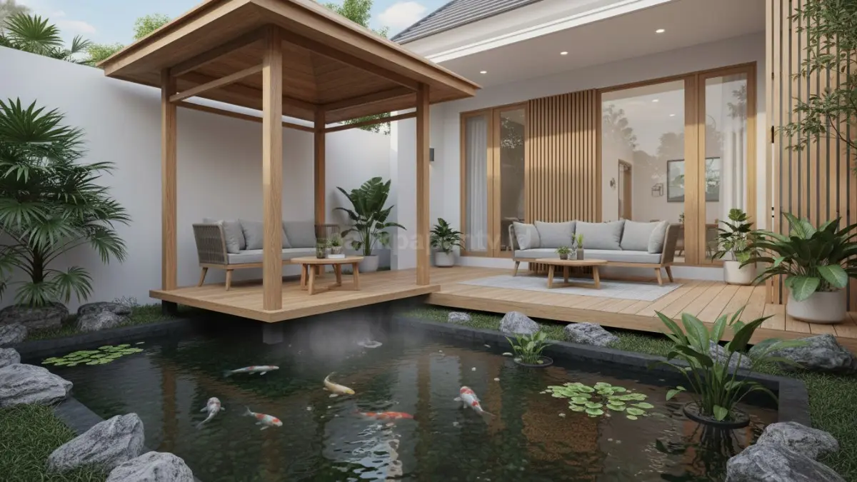 Gazebo “floating” menempel di atas kolam ikan kecil, menghadirkan efek sejuk alami dari penguapan air dan nuansa santai yang asik di teras rumah.