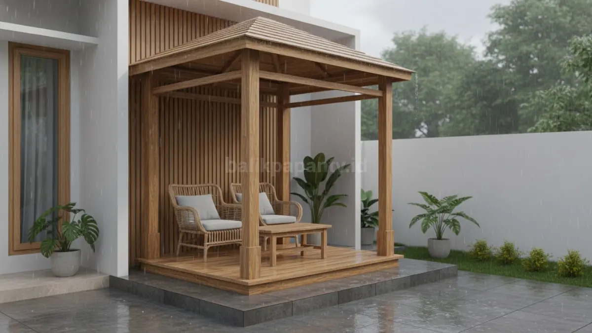 Gazebo kayu kelapa (glugu) minimalis tanpa ukiran, struktur kotak simetris dengan tiang ramping, tahan kelembapan, pas untuk teras kecil yang sering kena hujan.