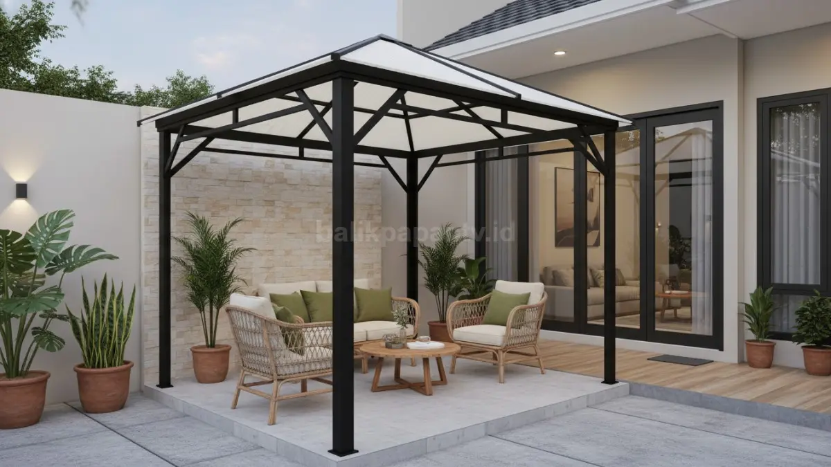 Gazebo minimalis dengan rangka besi hollow galvanis dan atap Alderon, gaya industrial-modern, meredam panas dan suara hujan, perawatan mudah, cocok untuk teras rumah kekinian.