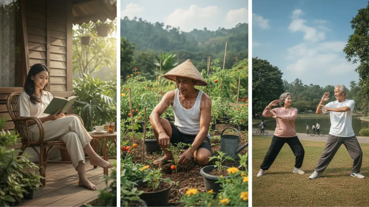 Ilustrasi orang sedang menikmati berbagai hobi, seperti membaca, berkebun, dan berolahraga ringan, menekankan pentingnya hobi untuk kesehatan fisik dan mental.