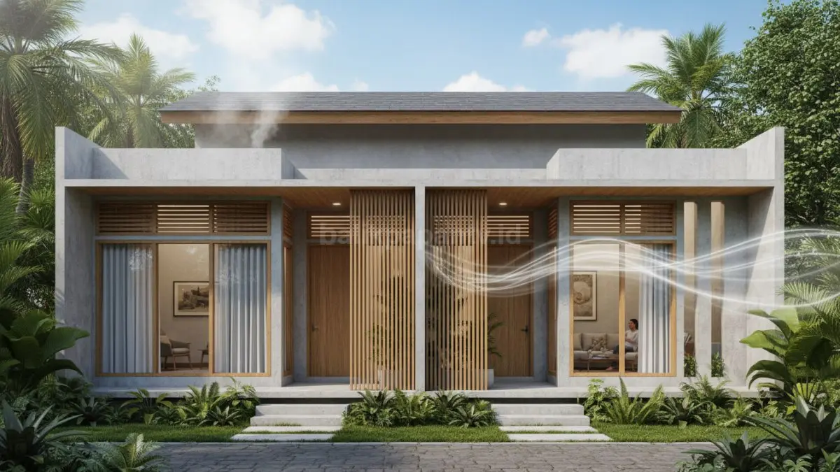 Ilustrasi rumah minimalis dengan aliran udara yang mengalir masuk dan keluar melalui ventilasi, menunjukkan perbedaan antara ruang yang pengap dan ruang yang terasa sejuk berkat sirkulasi udara yang optimal.