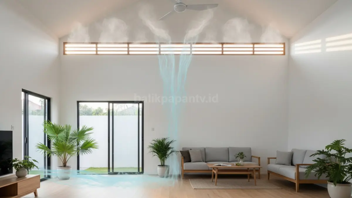 Interior rumah dengan ventilasi atas yang menunjukkan udara panas naik ke plafon dan keluar melalui lubang angin, sementara udara segar masuk dari bawah, menciptakan sirkulasi vertikal alami yang membuat ruangan terasa lebih adem.