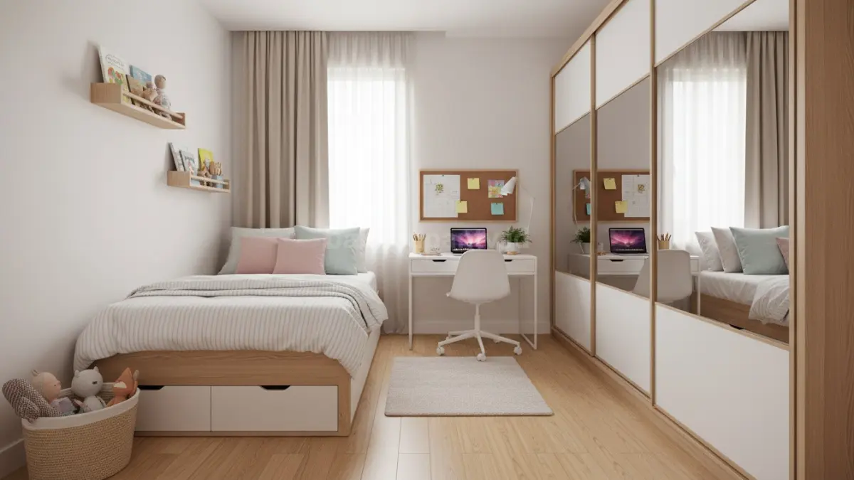 kamar anak perempuan rapi dengan penyimpanan sederhana dan warna lembut