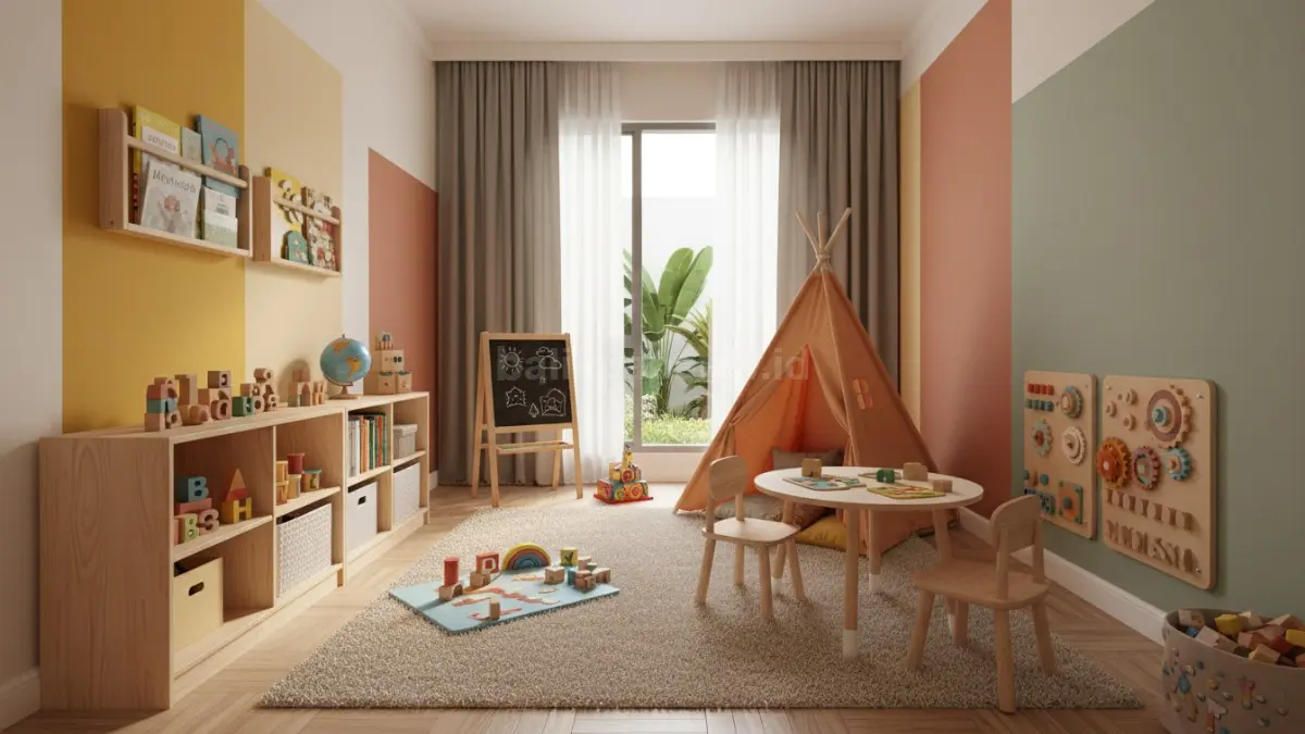 Kamar bermain anak modern dengan konsep edukatif dan warna hangat yang nyaman