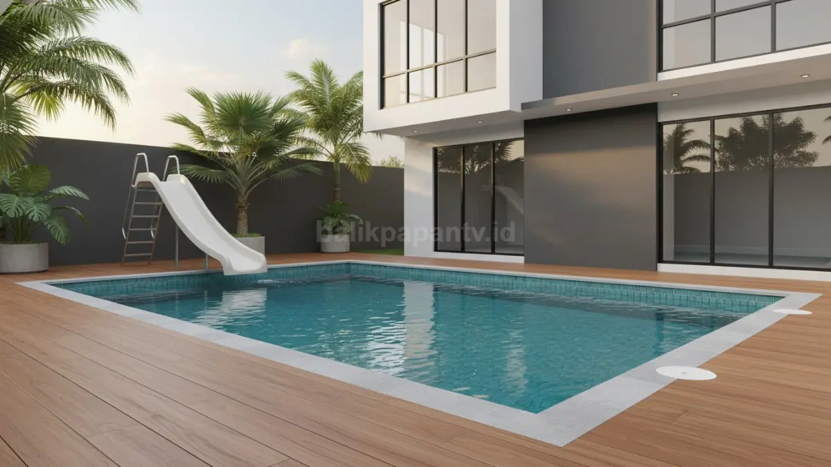 Kolam berenang rumah dengan perosotan kecil terlihat modern dan fungsional
