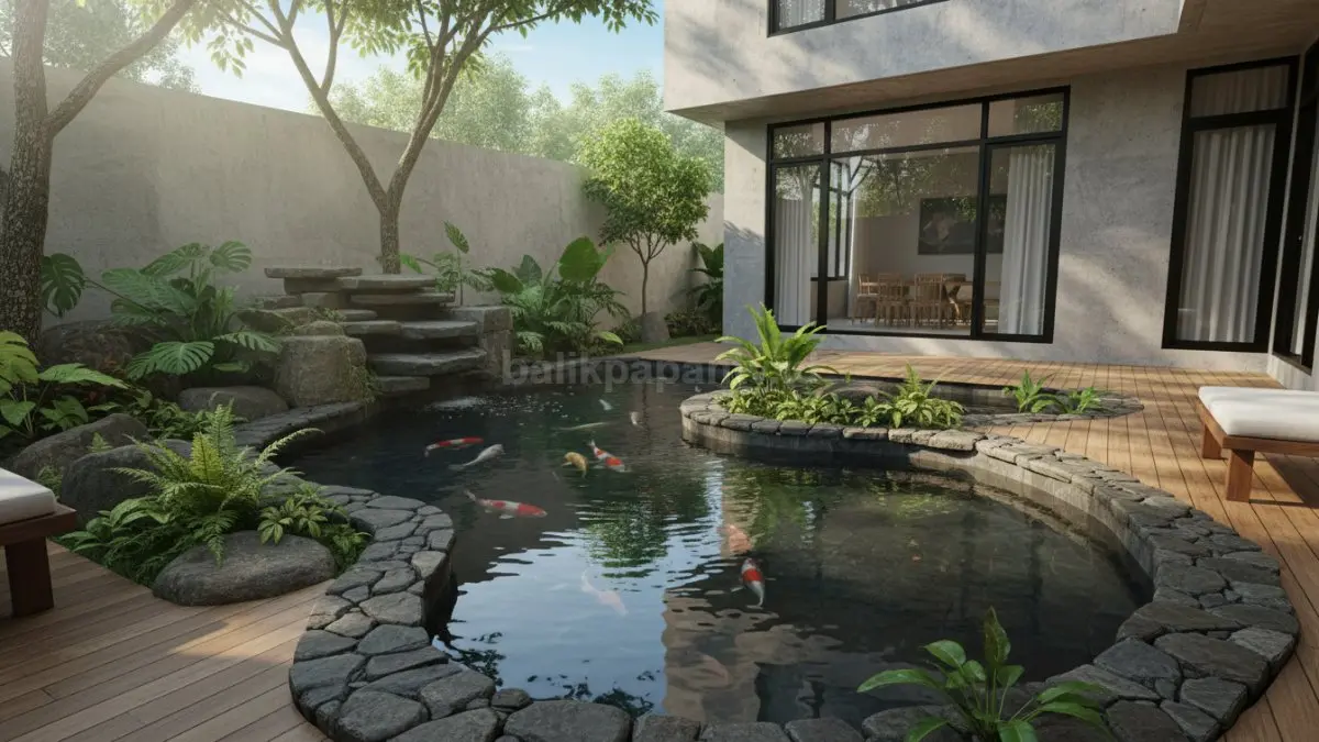 Kolam ikan batu alam di halaman rumah tampil natural dan menenangkan
