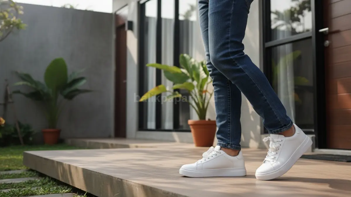 Kombinasi sneakers dengan celana jeans yang terlihat seimbang dan rapi
