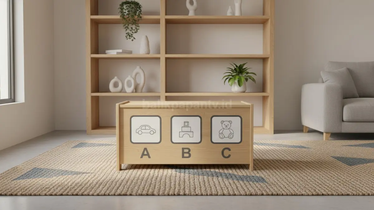 kotak mainan dengan label kategori sederhana
