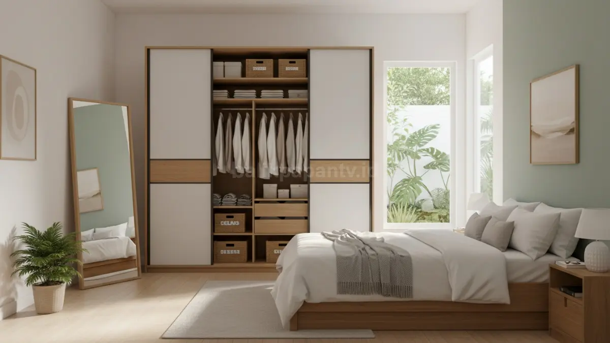 Lemari minimalis rapi di kamar tidur dengan desain modern dan efisien