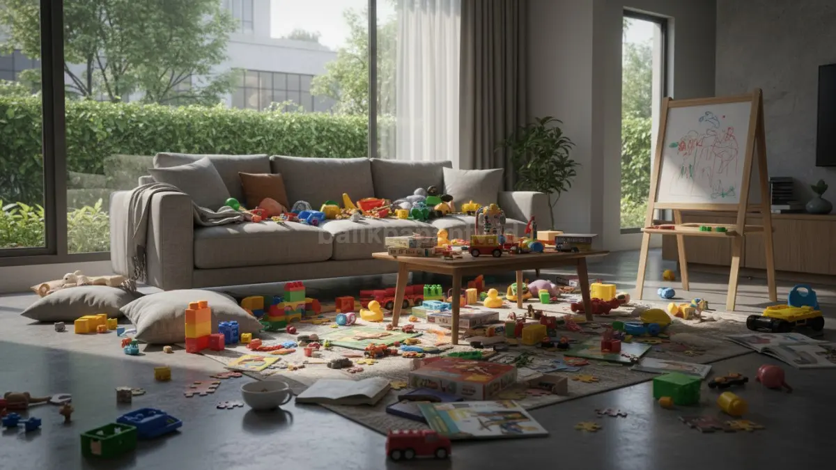 mainan anak berserakan di ruang keluarga sebelum ditata

