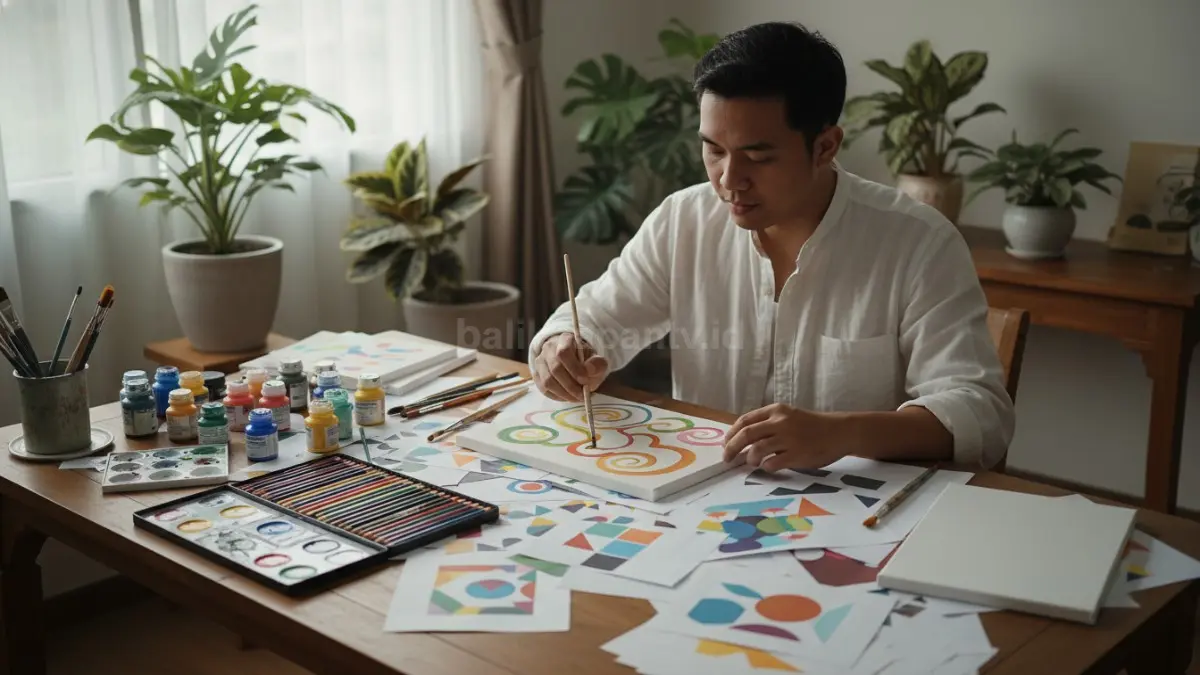 Meja kreatif dengan cat air, pensil warna, dan kertas kolase berserakan, sementara seseorang asyik membuat lukisan penuh warna, menekankan proses ekspresi seni visual tanpa harus fokus pada hasil akhir.