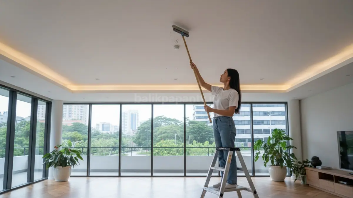 Membersihkan langit-langit rumah menggunakan sapu panjang agar bebas jaring laba-laba
