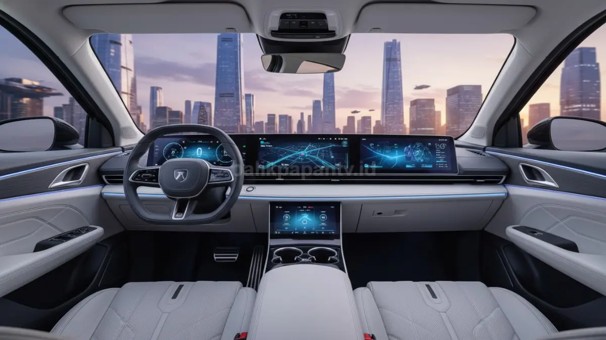 Mobil Cina modern dengan layar digital besar di dashboard, simbol teknologi canggih.