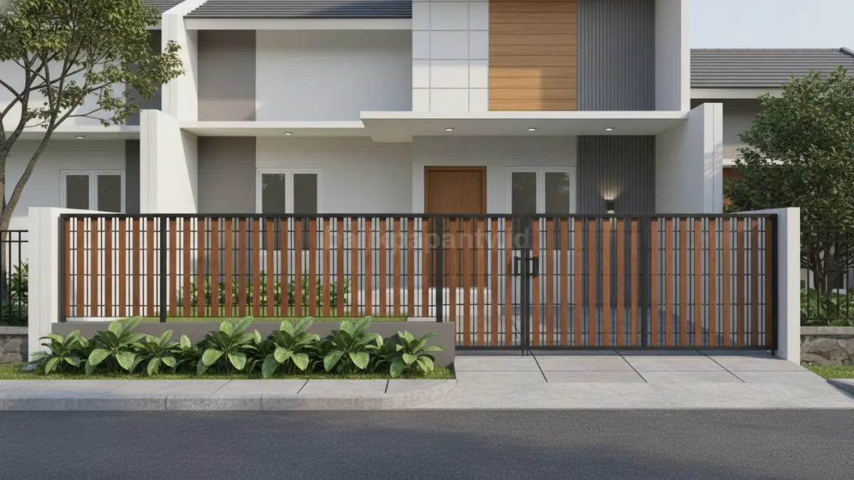 Pagar rumah minimalis modern dengan kombinasi besi dan kayu sintetis