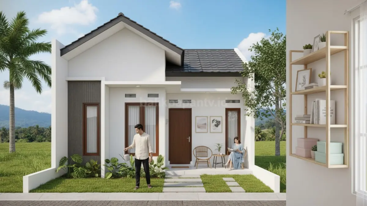 Rak dinding sederhana di apartemen kecil dengan tata letak rapi