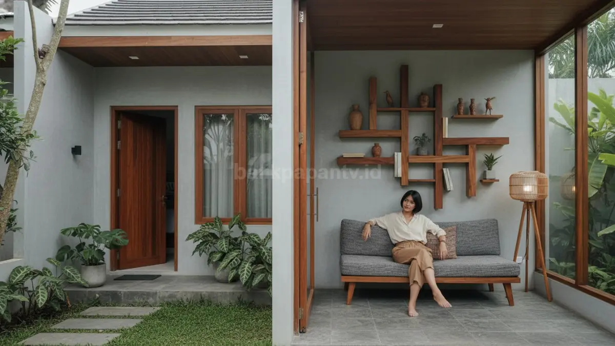 Rak dinding unik modern dengan dekorasi minimalis di ruang tamu kecil