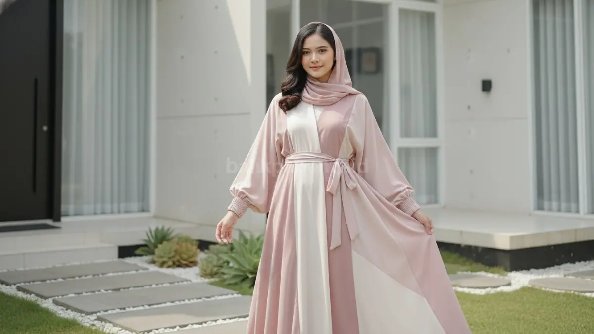 Remaja wanita mengenakan abaya modern dengan desain stylish dan warna lembut