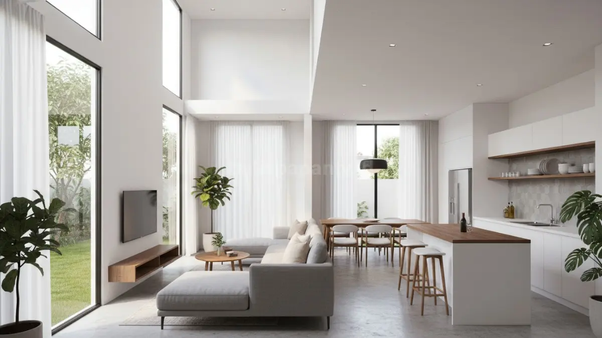 Ruang rumah minimalis dengan konsep open plan, menggabungkan ruang tamu, dapur, dan ruang makan tanpa sekat, memaksimalkan cahaya alami, sirkulasi udara, dan fleksibilitas penataan furnitur.
