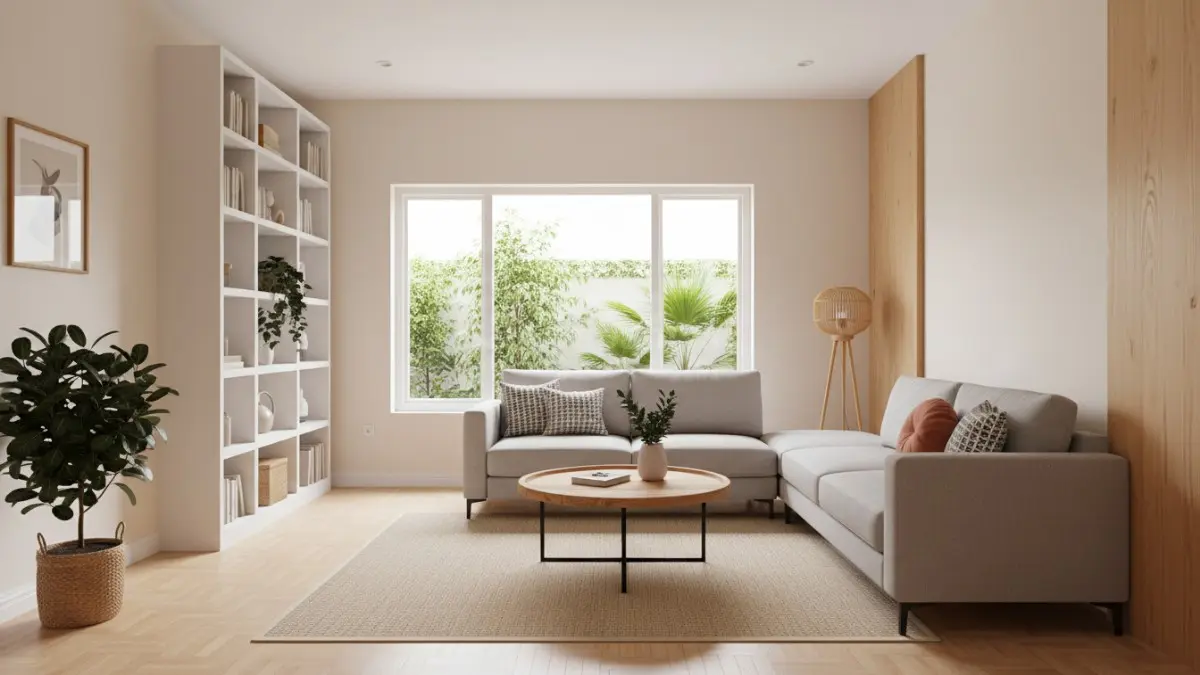 Ruang tamu minimalis dengan penataan sofa rapi dan pencahayaan alami