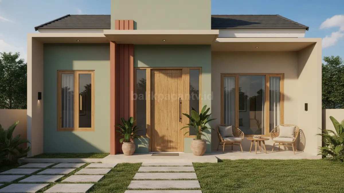 Rumah dengan fasad sage green, pintu kayu menonjolkan nuansa resor alami.