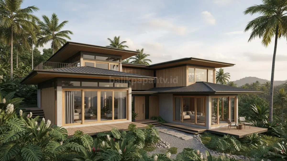 Rumah Japandi tropis dengan desain modular minimalis yang menampilkan ruang-ruang fungsional tertata rapi, garis bangunan sederhana, dan tata letak efisien yang cocok untuk lahan terbatas di pedesaan.
