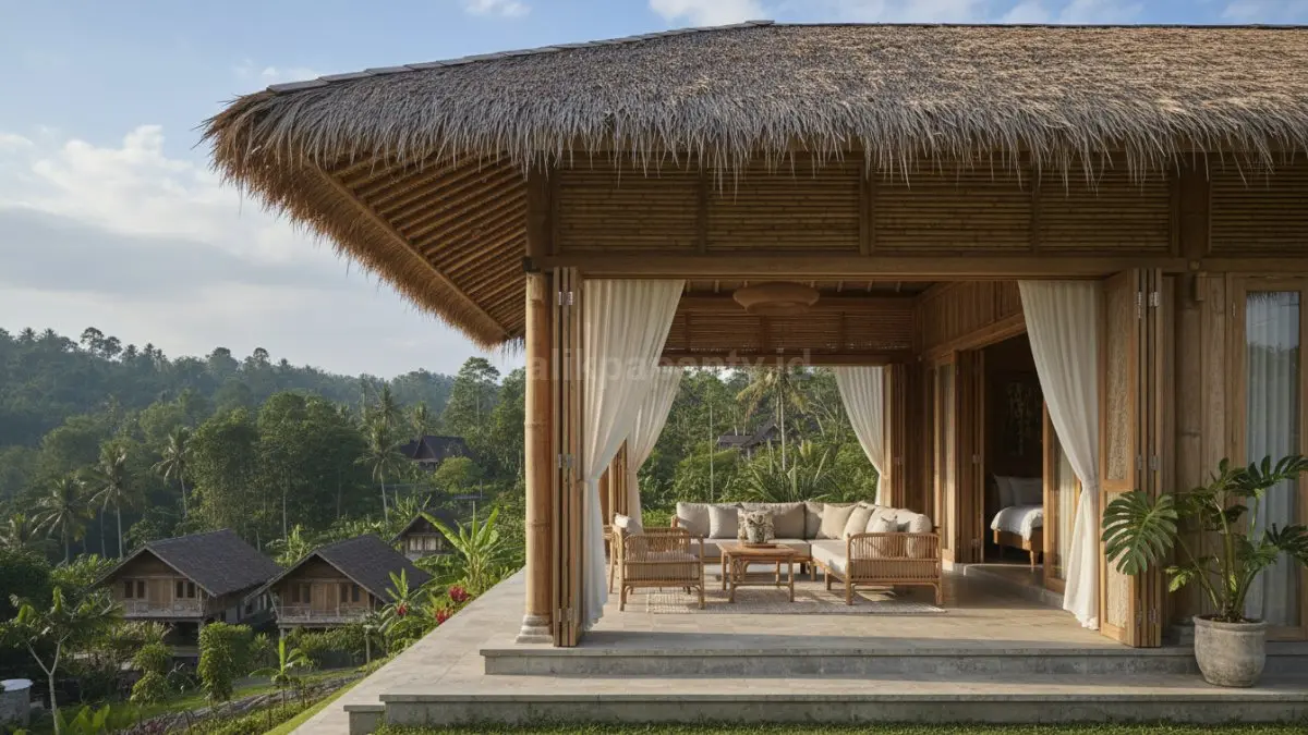 Rumah Japandi tropis dengan konsep semi outdoor menampilkan teras lebar sebagai ruang transisi, memungkinkan udara mengalir bebas dari luar ke dalam, menciptakan suasana sejuk dan nyaman di lingkungan pedesaan.